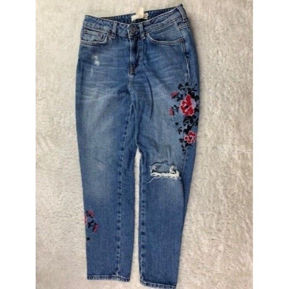 L.O.G.G. Size 4 Womens Ankle Jeans Distressed Embellished Mid Rise Med Wash